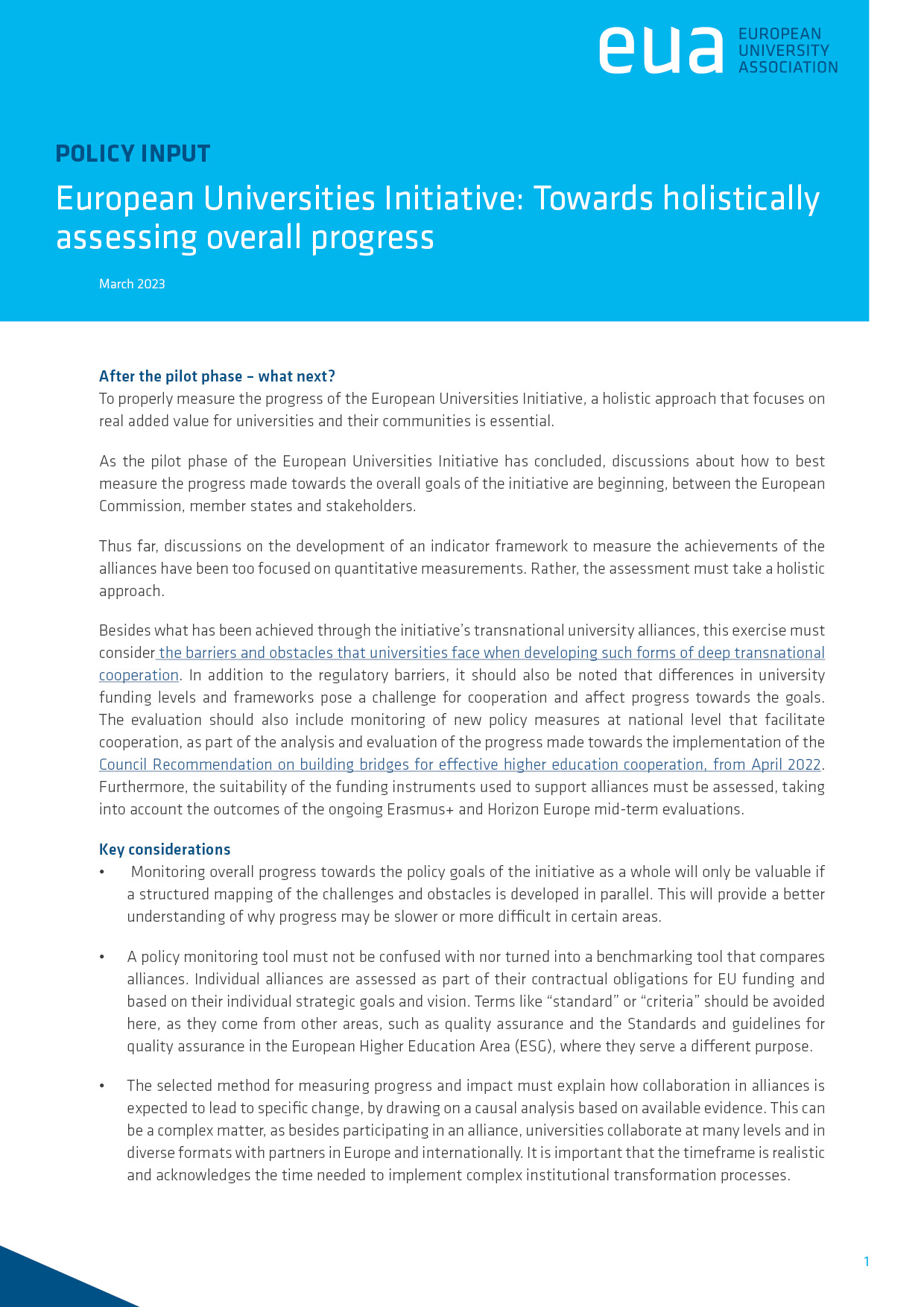European Universities Initiative: Towards a holistic approach for assessing progress