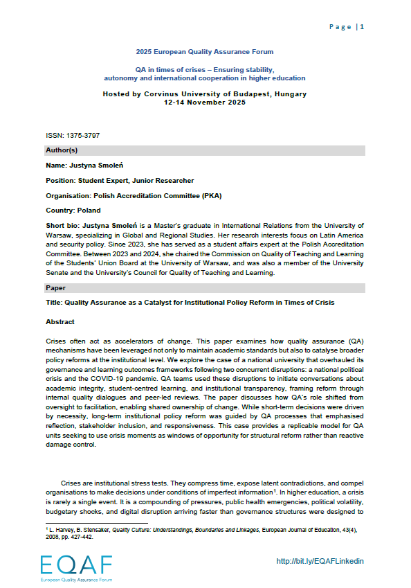 Quality Assurance as a Catalyst for Institutional Policy Reform in Times of Crisis