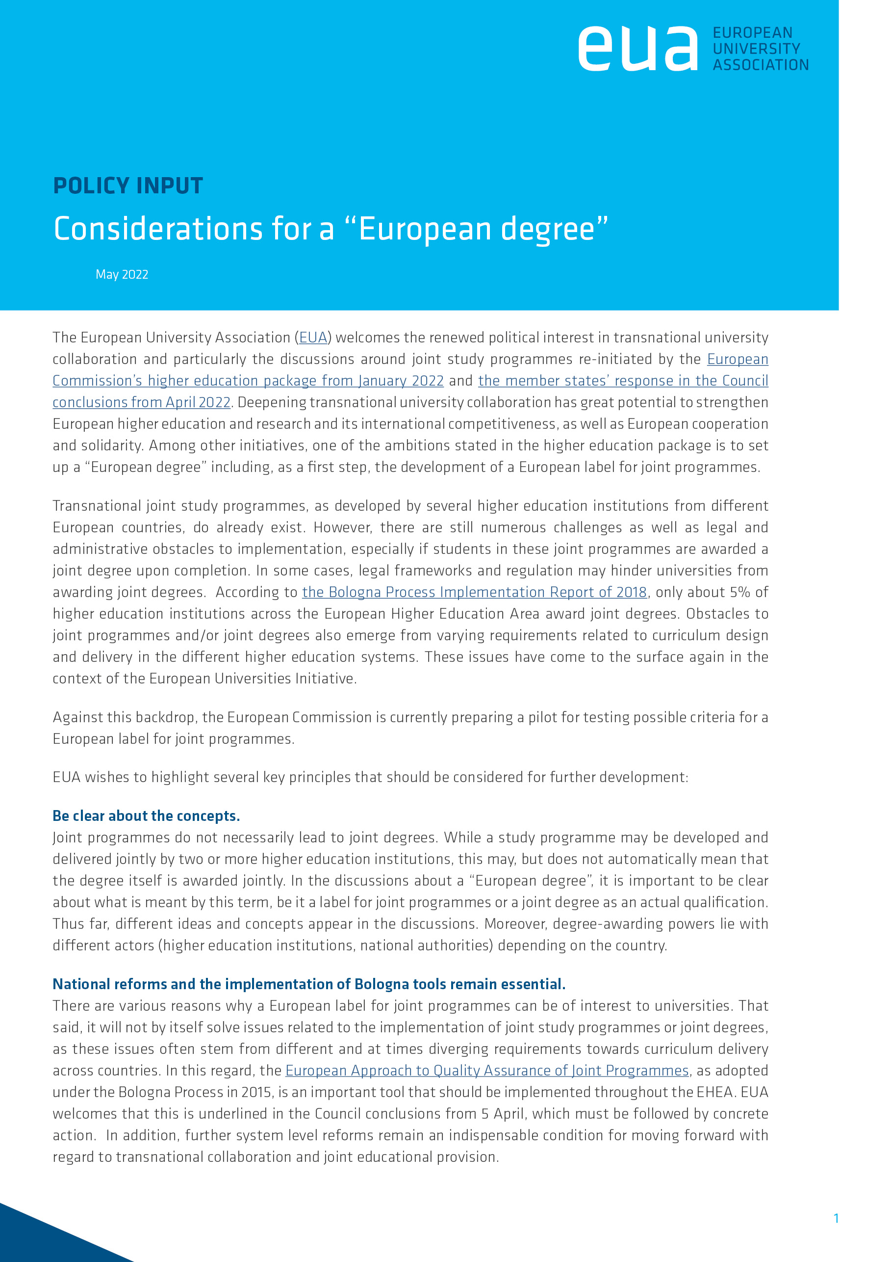 Considerations for a “European degree”