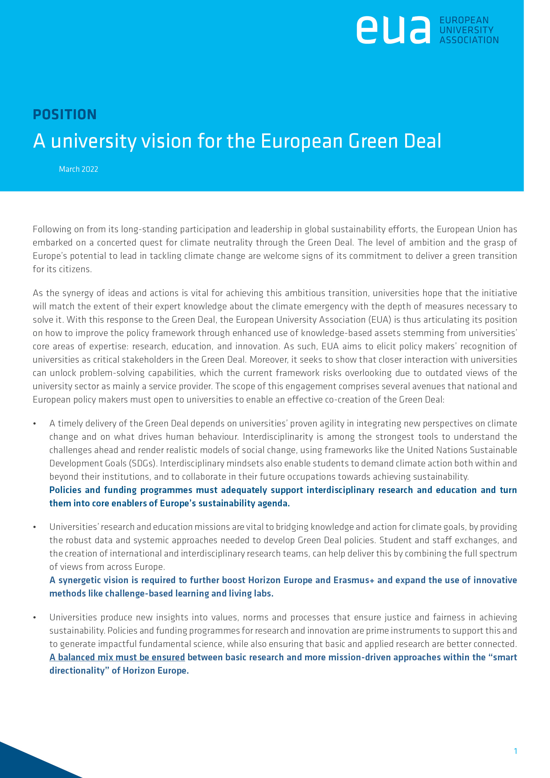 A university vision for the European Green Deal