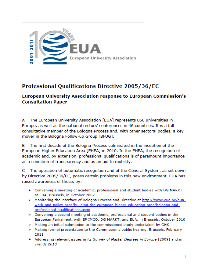 EUA response to European Commission’s Consultation Paper on the Professional Qualifications Directive 2005/36/EC